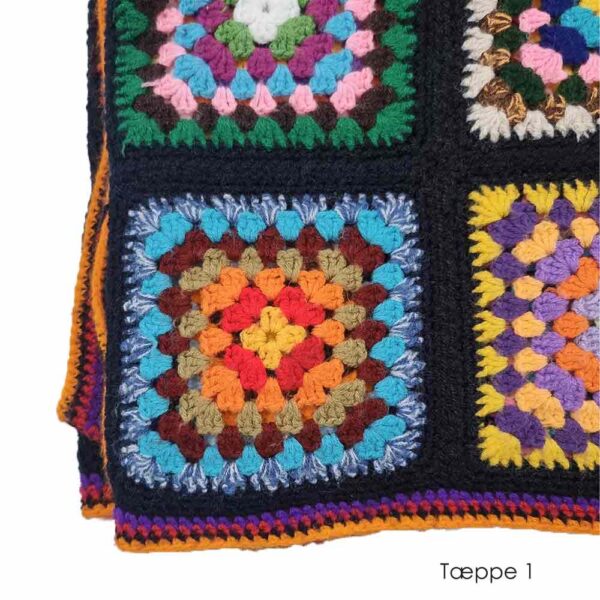 hæklet tæppe oldemorfirkanter sort multifarve, hæklet oldemortæppe
