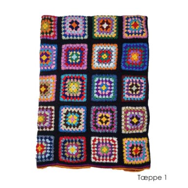 hæklet tæppe oldemorfirkanter sort multifarve, hæklet oldemortæppe