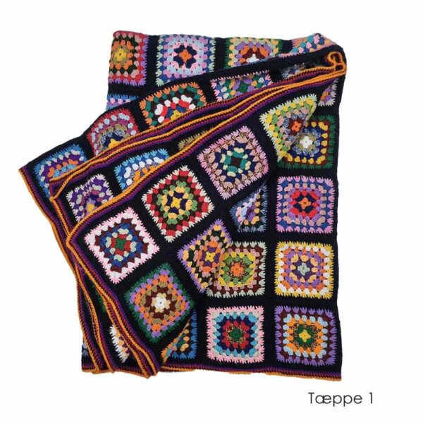 hæklet tæppe oldemorfirkanter sort multifarve, hæklet oldemortæppe