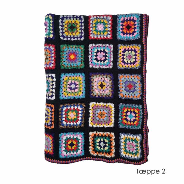 hæklet tæppe oldemorfirkanter sort multifarve, hæklet oldemortæppe