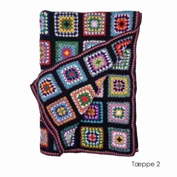 hæklet tæppe oldemorfirkanter sort multifarve, hæklet oldemortæppe
